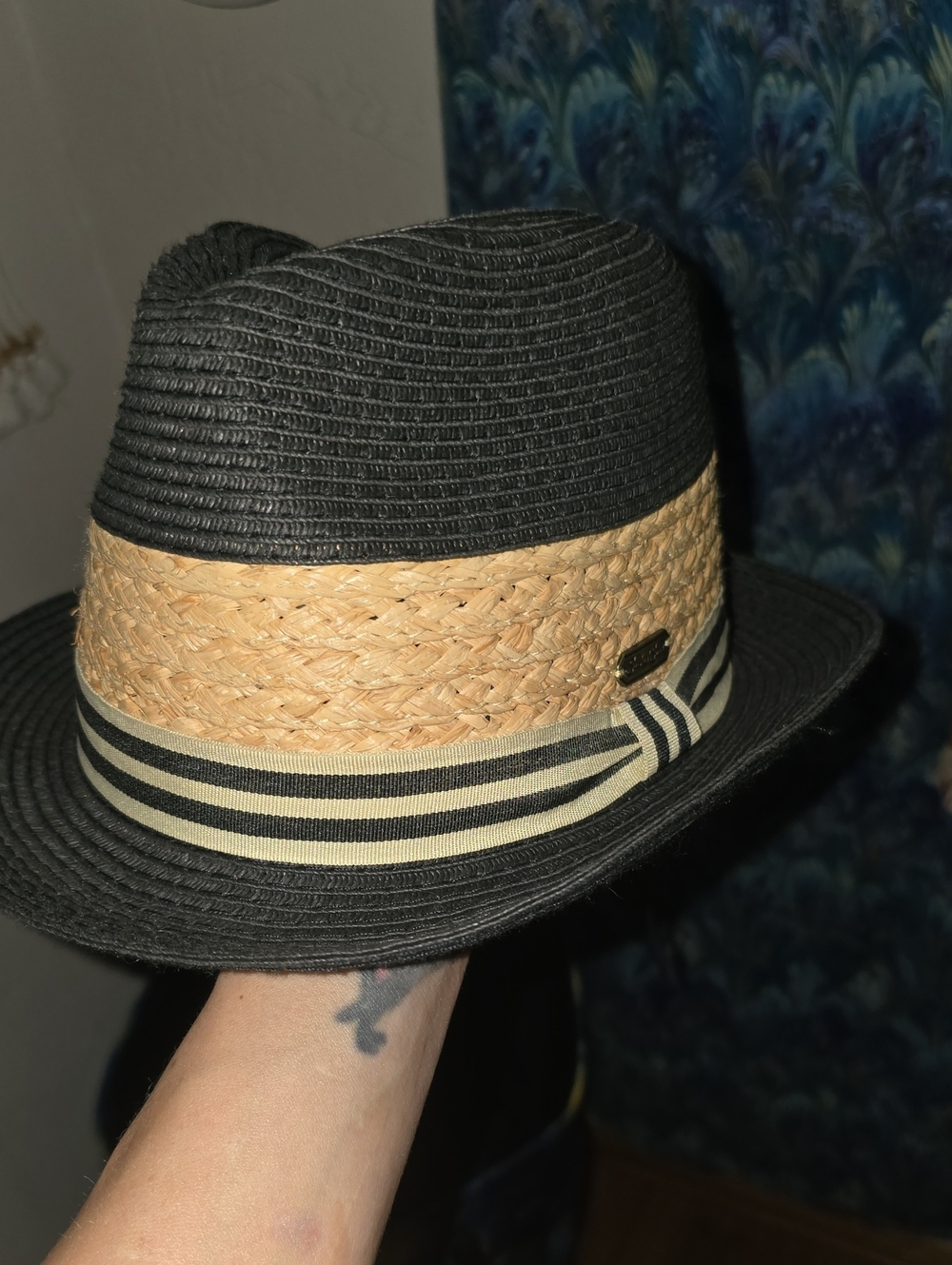 Women’s Black and Natural Straw Fedora with Striped Band